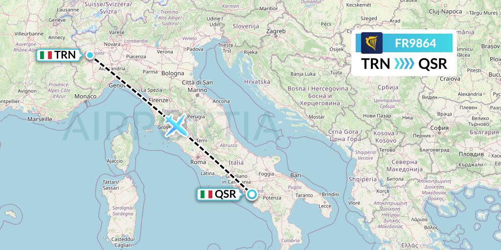 FR9864 Ryanair Flight Map: Turin to Salerno