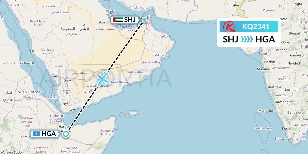 KQ2341 Kenya Airways Flight Map: Sharjah to Hargeisa