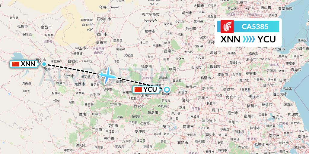 CA5385 Air China Flight Map: Xining to Yuncheng