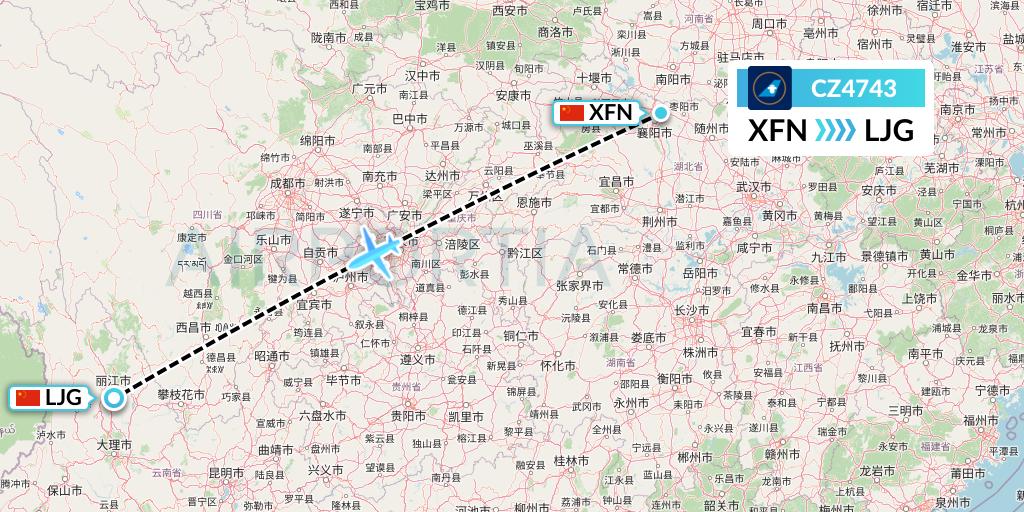 CZ4743 China Southern Airlines Flight Map: Xiangyang to Lijiang