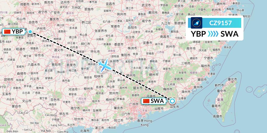 CZ9157 China Southern Airlines Flight Map: Yibin to Jieyang