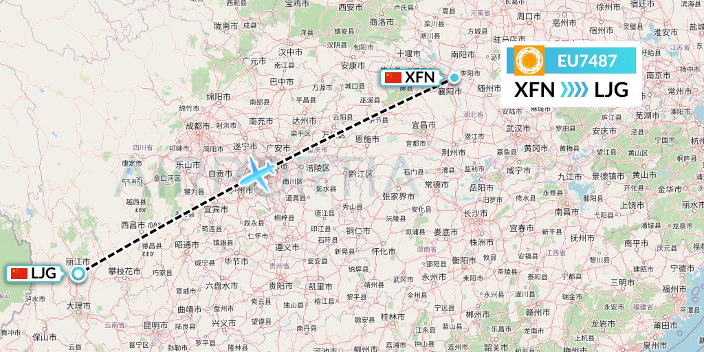 EU7487 Chengdu Airlines Flight Map: Xiangyang to Lijiang