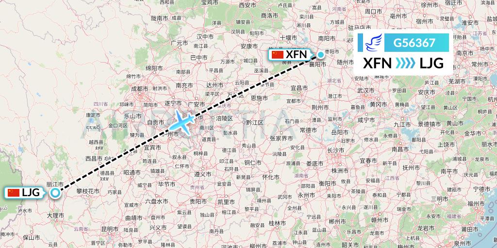 G56367 China Express Airlines Flight Map: Xiangyang to Lijiang