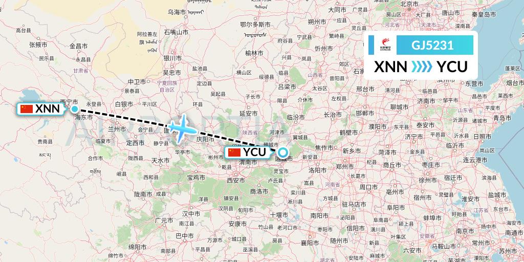 GJ5231 Loong Airlines Flight Map: Xining to Yuncheng