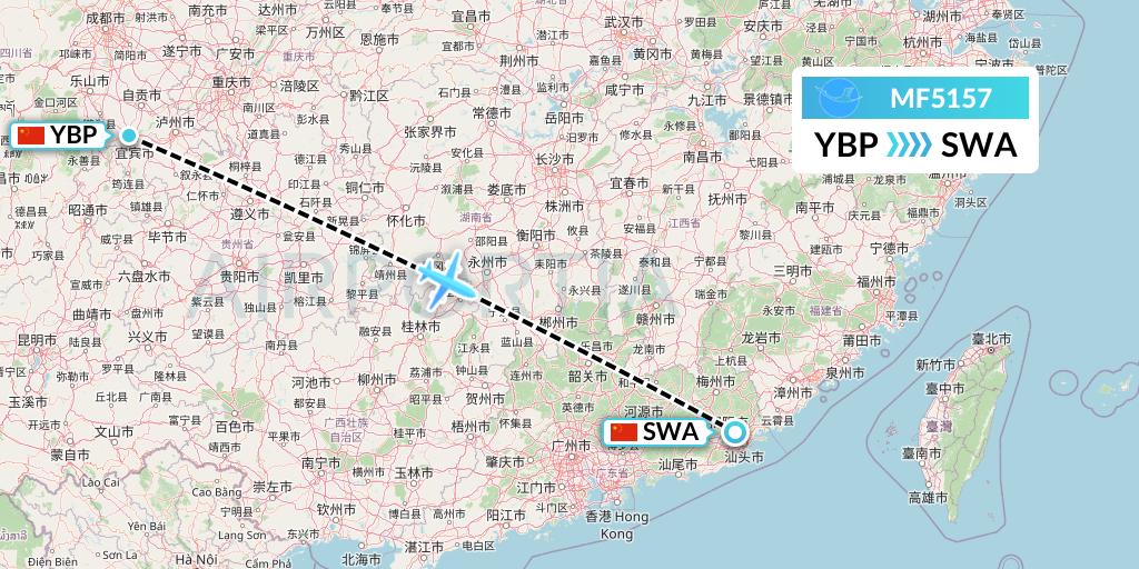MF5157 Xiamen Airlines Flight Map: Yibin to Jieyang