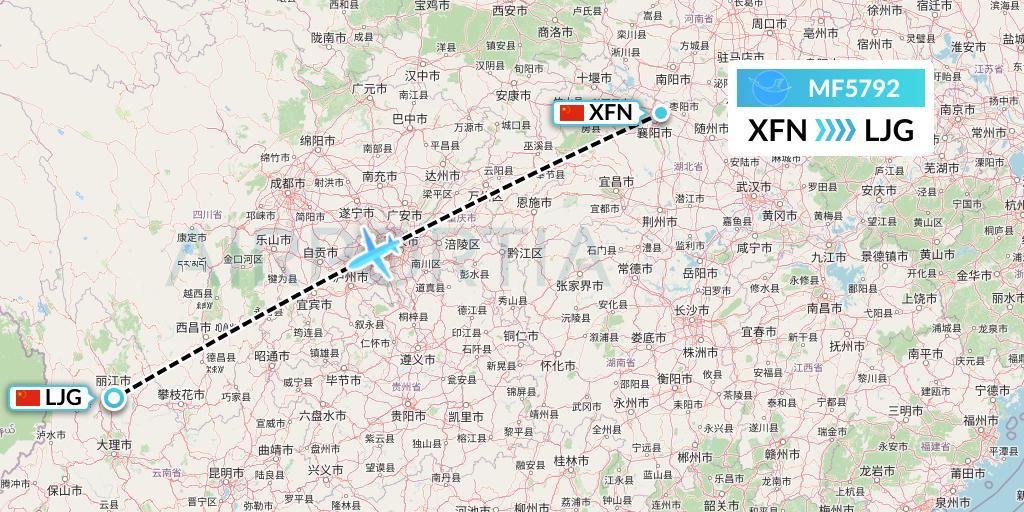 MF5792 Xiamen Airlines Flight Map: Xiangyang to Lijiang