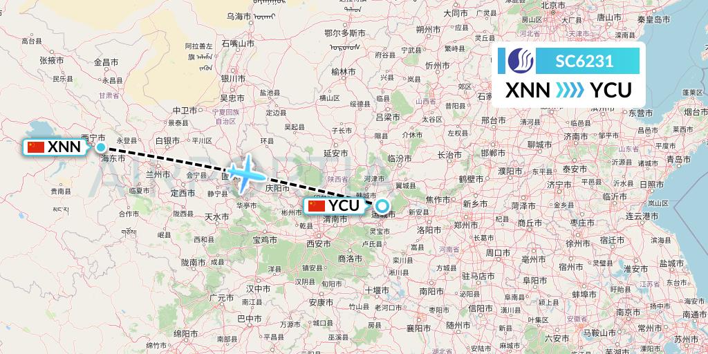 SC6231 Shandong Airlines Flight Map: Xining to Yuncheng