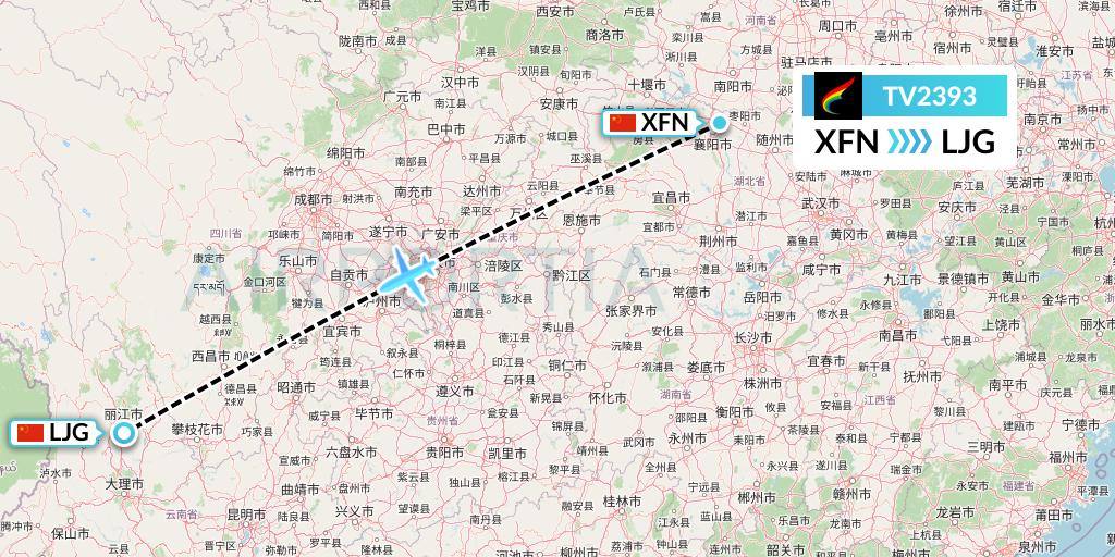 TV2393 Tibet Airlines Flight Map: Xiangyang to Lijiang