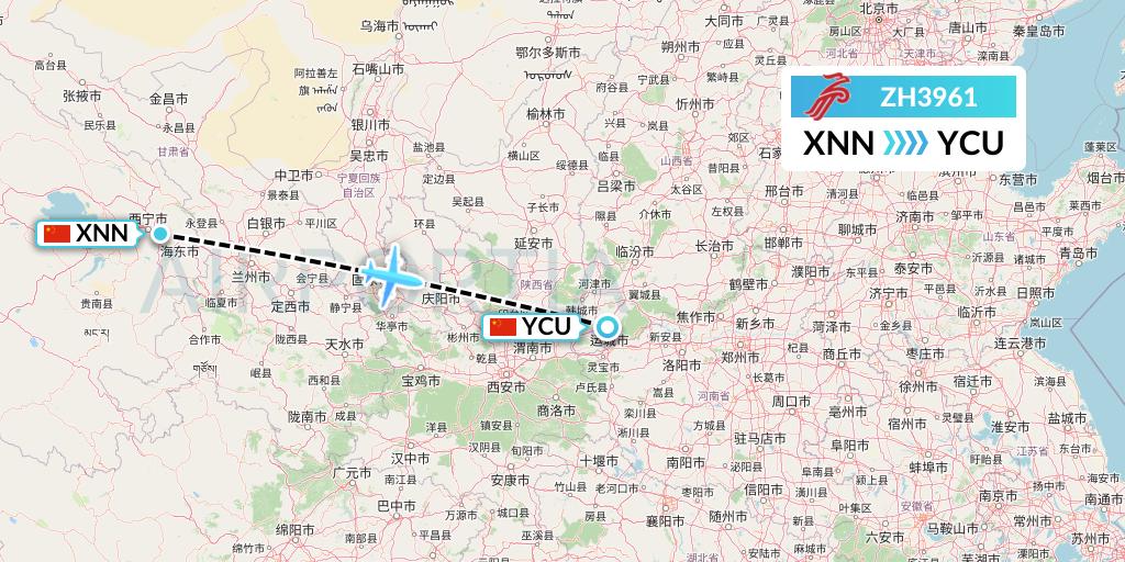 ZH3961 Shenzhen Airlines Flight Map: Xining to Yuncheng