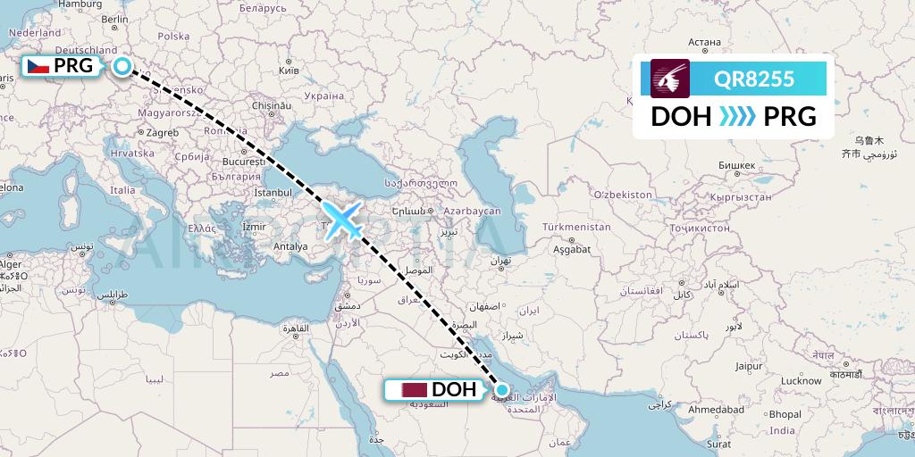 QR8255 Qatar Airways Flight Map: Doha to Prague
