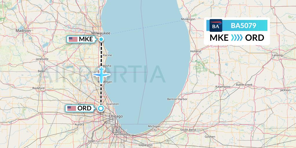 BA5079 British Airways Flight Map: Milwaukee to Chicago