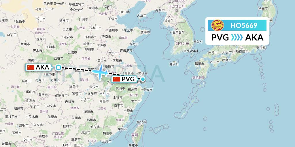 HO5669 Juneyao Airlines Flight Map: Shanghai to Ankang