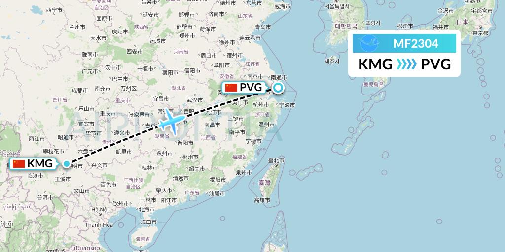 MF2304 Xiamen Airlines Flight Map: Kunming to Shanghai