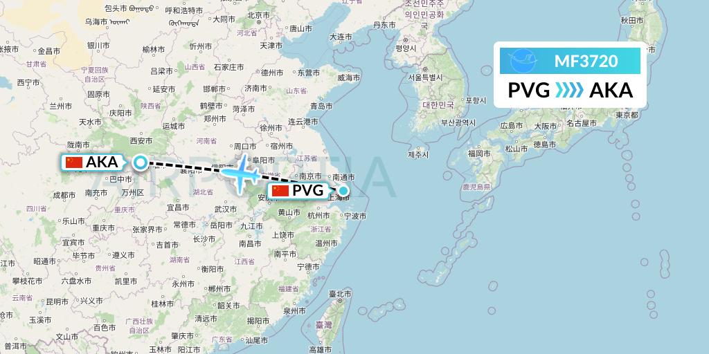MF3720 Xiamen Airlines Flight Map: Shanghai to Ankang