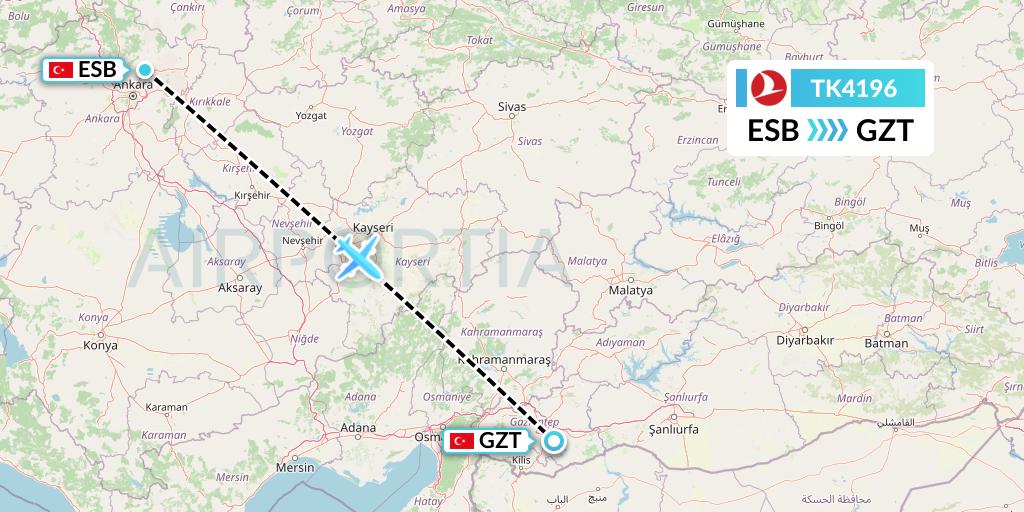 TK4196 Turkish Airlines Flight Map: Ankara to Gaziantep