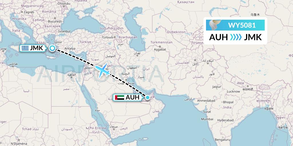 WY5081 Oman Air Flight Map: Abu Dhabi to Mykonos