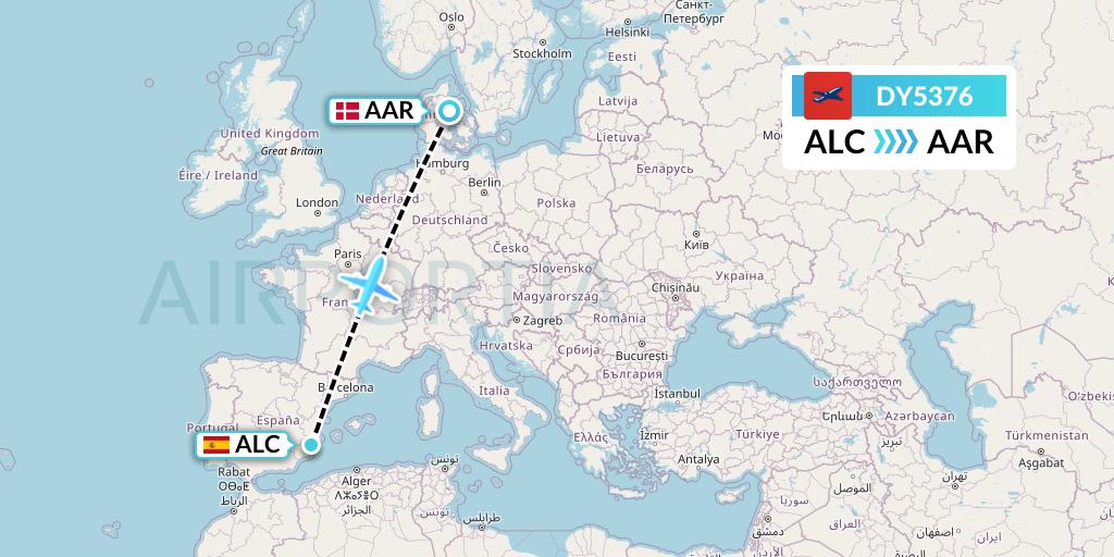 DY5376 Norwegian Flight Map: Alicante to Aarhus