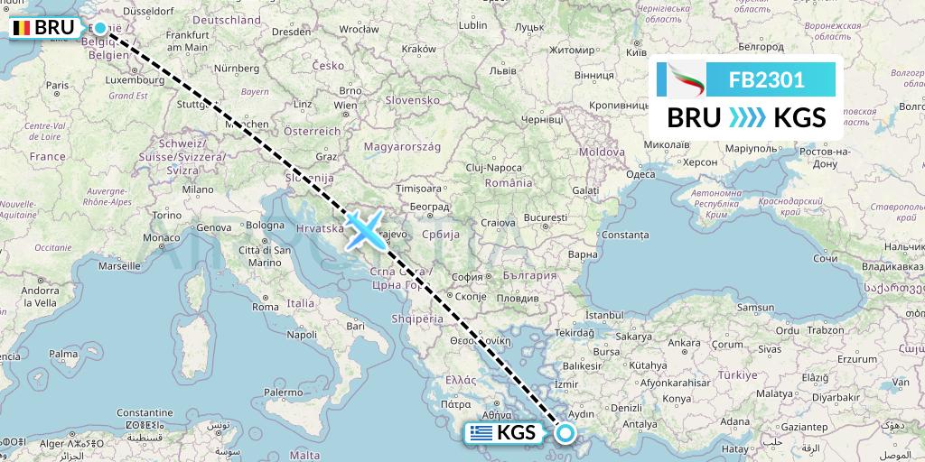 FB2301 Bulgaria Air Flight Map: Brussels to Kos
