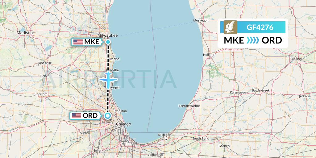 GF4276 Gulf Air Flight Map: Milwaukee to Chicago