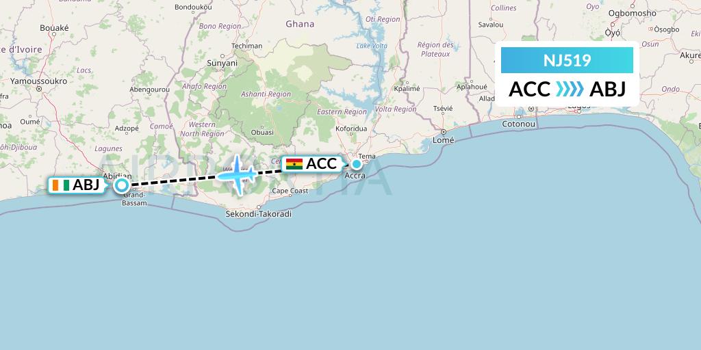 NJ519 Ghadames Air Transport Flight Map: Accra to Abidjan