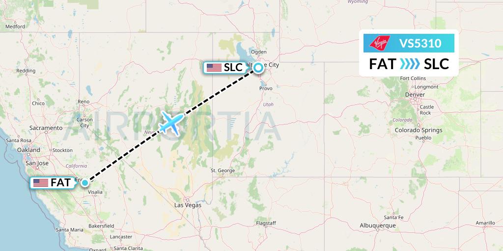 VS5310 Virgin Atlantic Airways Flight Map: Fresno to Salt Lake City