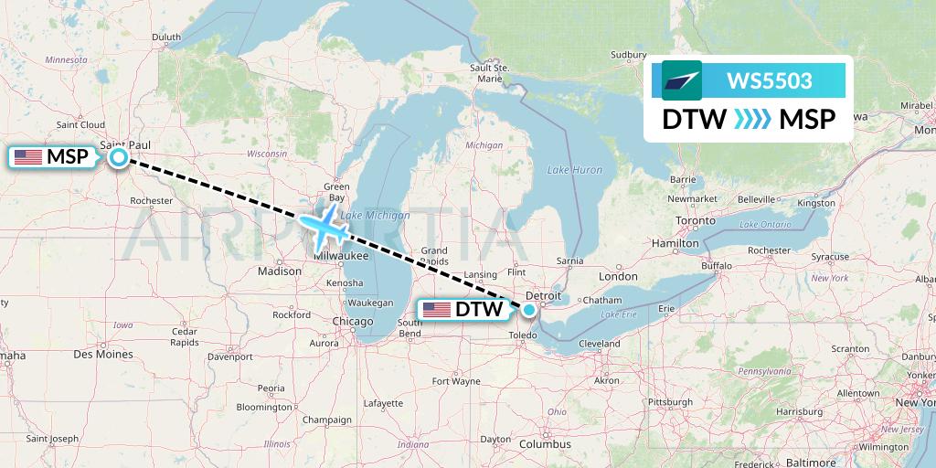 WS5503 WestJet Flight Map: Detroit to Minneapolis