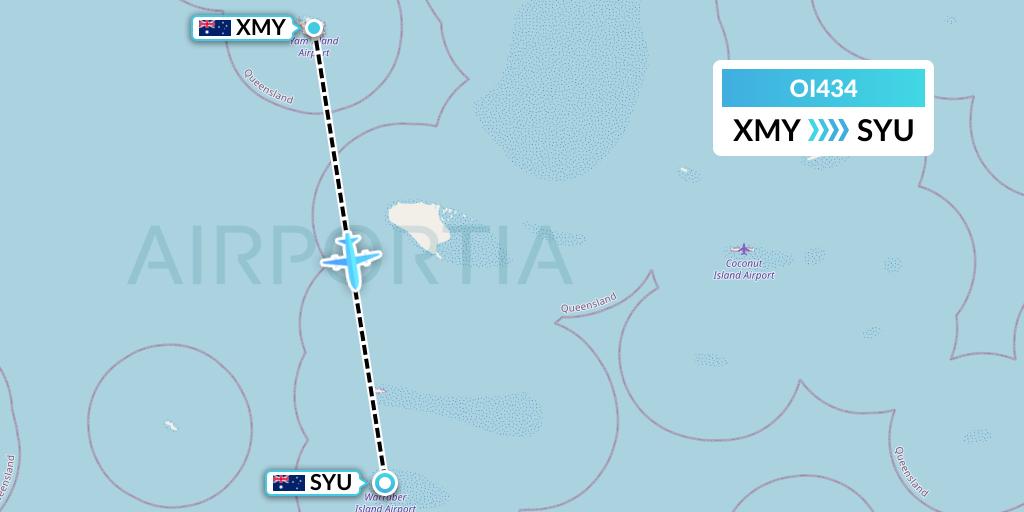 OI434 Hinterland Aviation Flight Map: Yam Island to Sue Islet