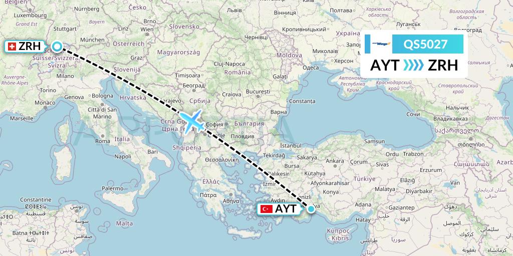 QS5027 Smartwings Flight Map: Antalya to Zurich