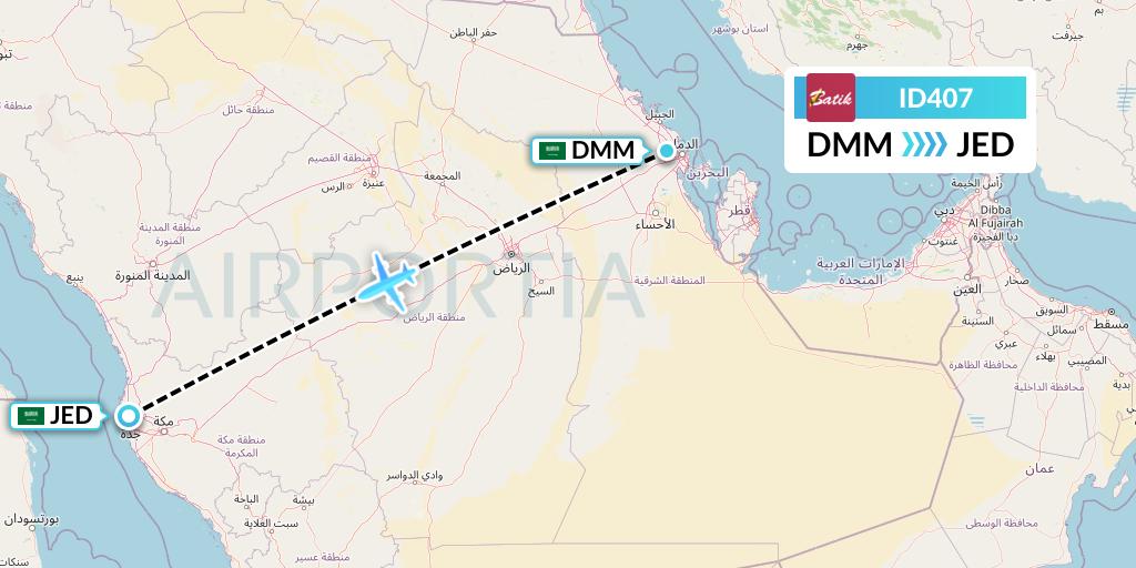 ID407 Batik Air Flight Map: Dammam to Jeddah