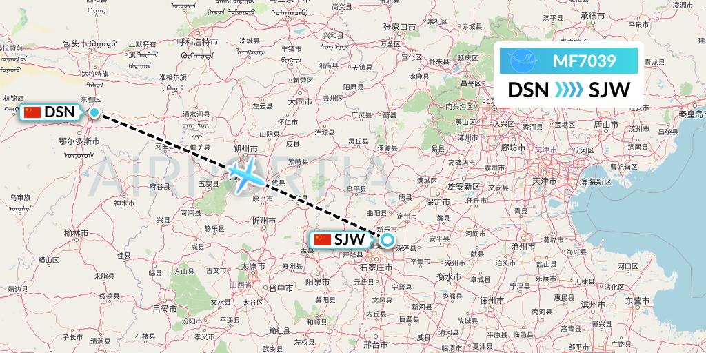 MF7039 Xiamen Airlines Flight Map: Dongsheng to Shijiazhuang