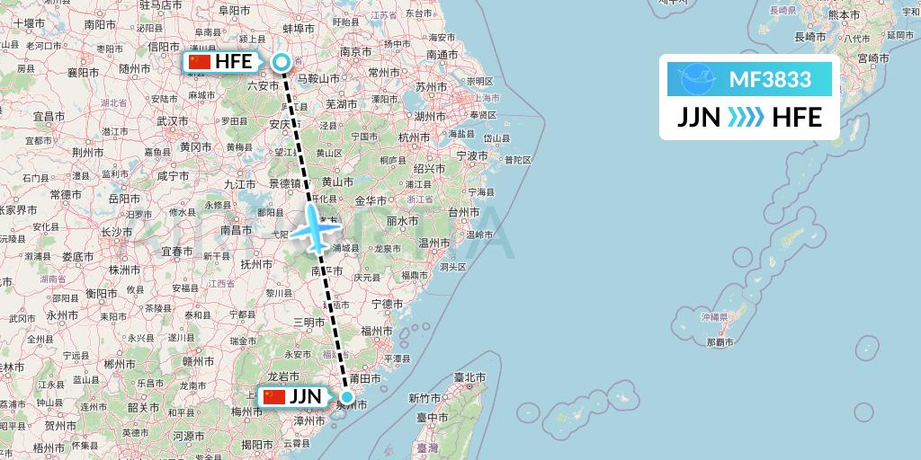 MF3833 Xiamen Airlines Flight Map: Jinjiang to Hefei