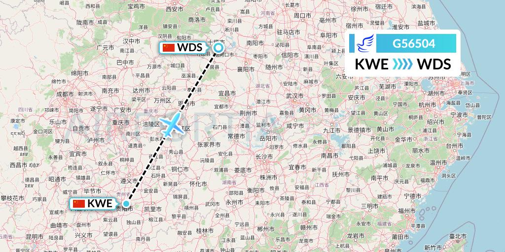G56504 China Express Airlines Flight Map: Guiyang to Shiyan