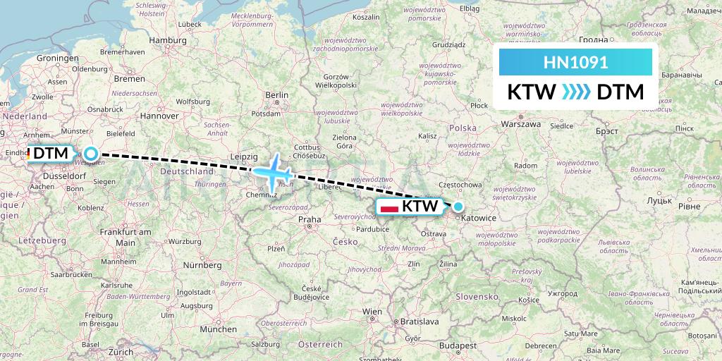 HN1091 Uab Heston Airlines Jsc Heston Airl Flight Map: Katowice to Dortmund