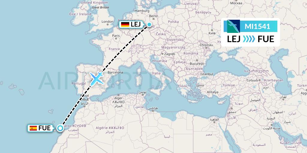 MI1541 SilkAir Flight Map: Leipzig to Fuerteventura