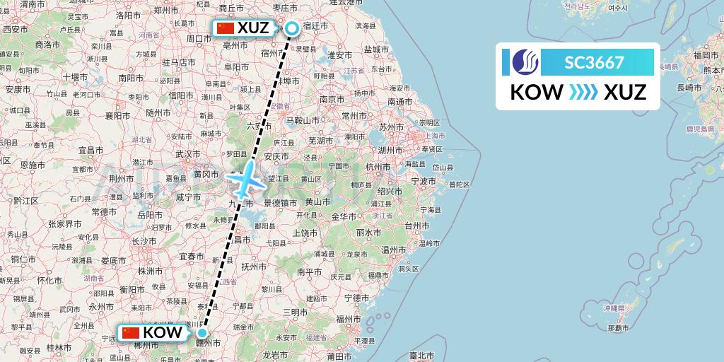 SC3667 Shandong Airlines Flight Map: Ganzhou to Xuzhou