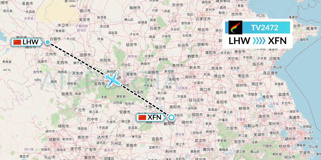 TV2472 Tibet Airlines Flight Map: Lanzhou to Xiangyang