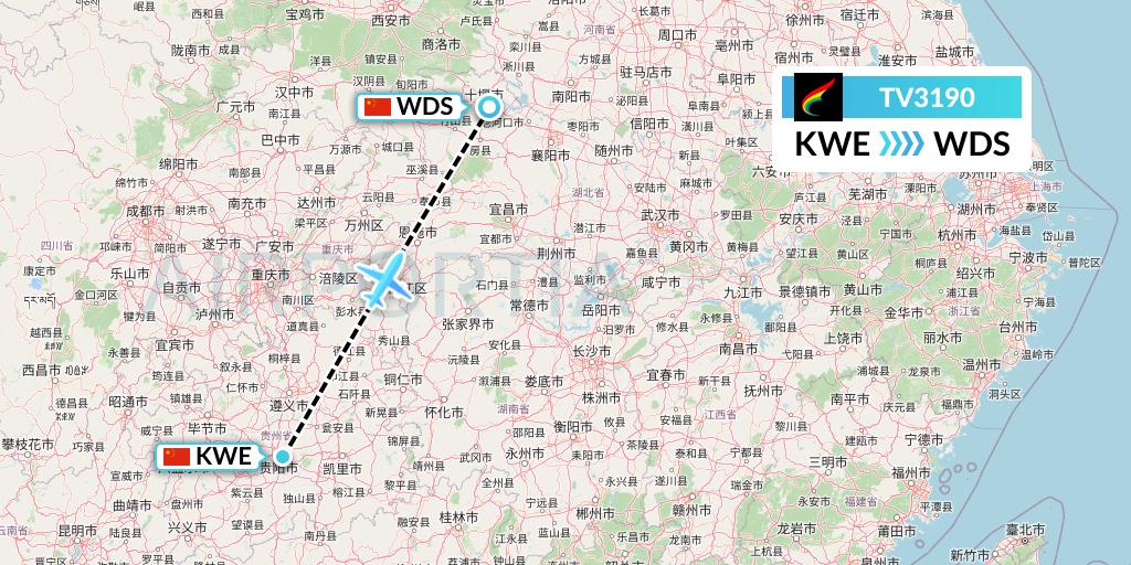 TV3190 Tibet Airlines Flight Map: Guiyang to Shiyan