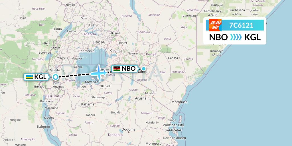 7C6121 Jeju Air Flight Map: Nairobi to Kigali