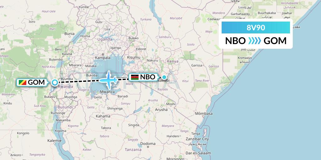 8V90 Wright Air Service Flight Map: Nairobi to Goma