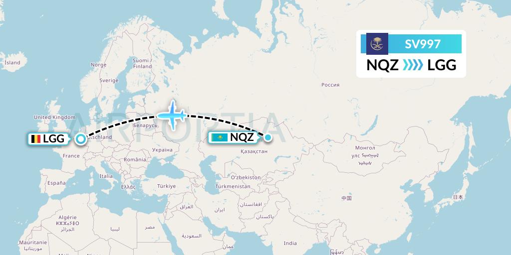 SV997 Saudi Arabian Airlines Flight Map: Astana to Liege