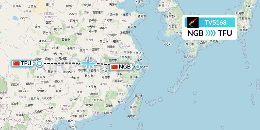TV5168 Tibet Airlines Flight Map: Ningbo to Chengdu