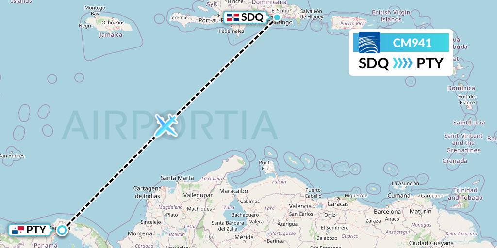 CM941 Copa Airlines Flight Map: Santo Domingo to Panama City