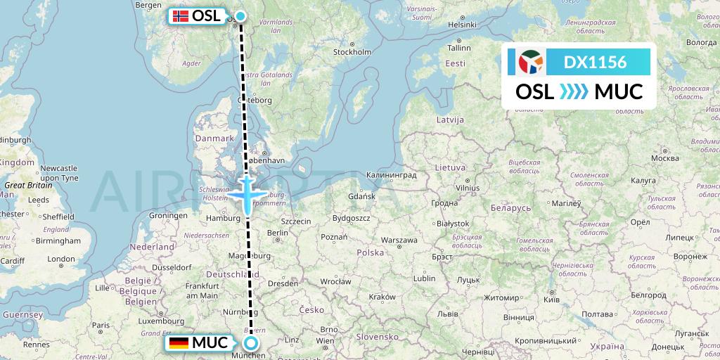 DX1156 Danish Air Transport Flight Map: Oslo to Munich