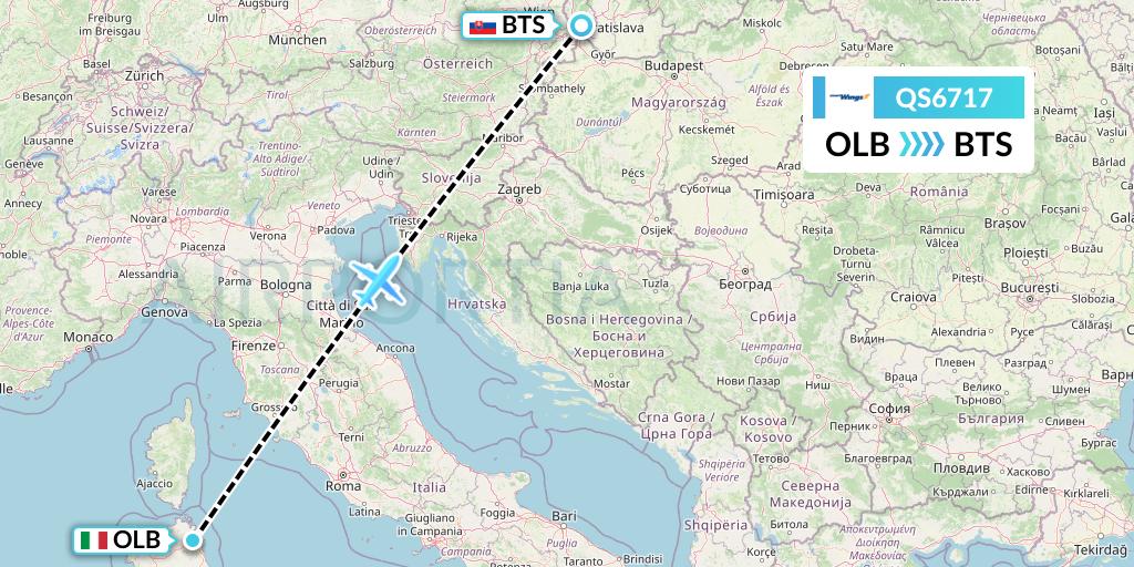 QS6717 Smartwings Flight Map: Olbia to Bratislava