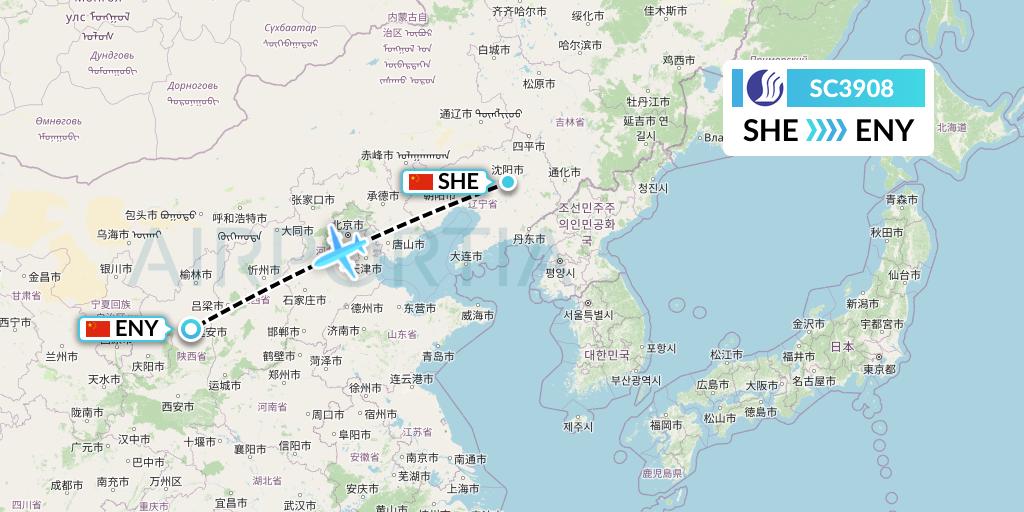 SC3908 Shandong Airlines Flight Map: Shenyang to Yan'an