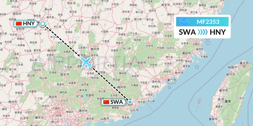 MF2353 Xiamen Airlines Flight Map: Jieyang to Hengyang