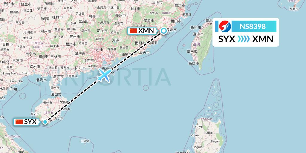 NS8398 Hebei Airlines Flight Map: Sanya to Xiamen