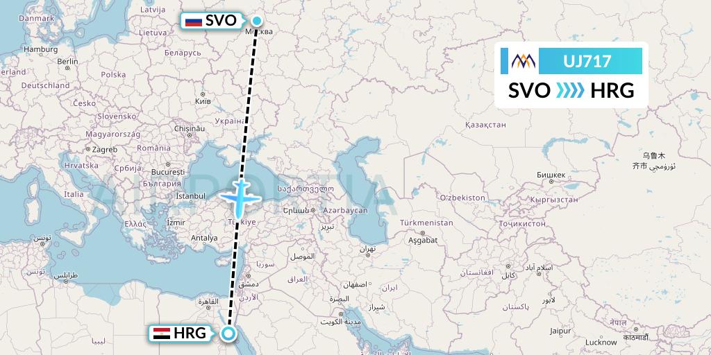 UJ717 AlMasria Universal Airlines Flight Map: Moscow to Hurghada