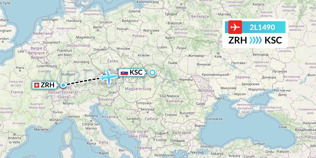 2L1490 Helvetic Airways Flight Map: Zurich to Kosice