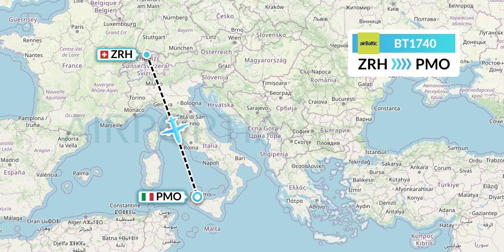 BT1740 Air Baltic Flight Map: Zurich to Palermo